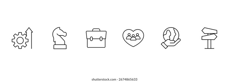 Iconos de línea de valores principales. Los valores centrales describen los iconos: negocios, ética, liderazgo, creatividad, integridad y más. Ilustración vectorial.