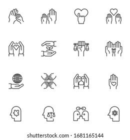Symbole für die Kernwerte werden gesetzt. Ethische lineare Symbolsammlung, Umrissbeschriftung. Grafiken der Vektorillustration. Set umfasst Symbole wie Verantwortung, Wortleidenschaft, Ziel, Wachstum, Strategie, Vertrauen, Teamwork
