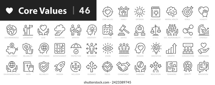 Conjunto de iconos de línea de valores centrales. Los valores básicos de una persona y una sociedad esbozan la colección de 46 iconos. Éxito, familia, misión, conocimiento, pasión, innovación, confiabilidad, objetivo - vector de existencias.