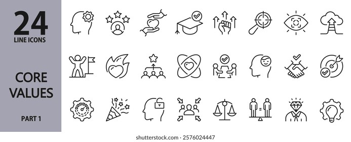 Core Values line icons set with Growth, Focus, Success, Quality, Handshake, Goal, Leadership, Positive, Teamwork, Trust and more. Editable Stroke