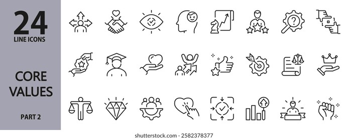 Core Values line icons set with Growth, Focus, Success, Quality, Handshake, Goal, Leadership, Positive, Teamwork, Trust and more. Editable Stroke