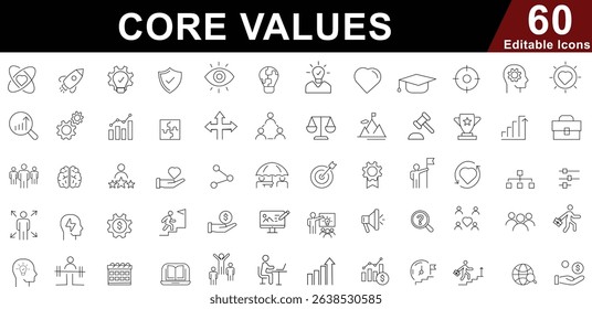  Core Values Line Icons Set. Ethics, Principles, Integrity and Business Culture Symbols. Editable vector