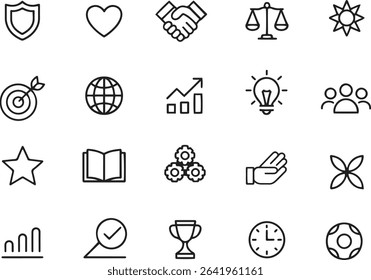 Core Values Line Icons Set. Integrity, Leadership, Teamwork, Ethics. Editable Stroke. Vector Illustration	