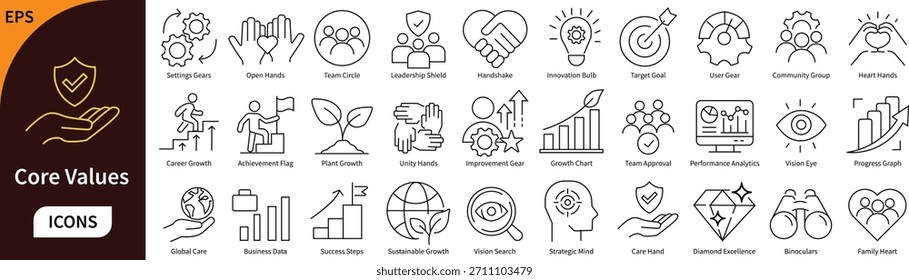 Conjunto de iconos de línea de valores principales. Ética empresarial, misión Corporativa, trabajo en equipo y Vector de visión estratégica.	