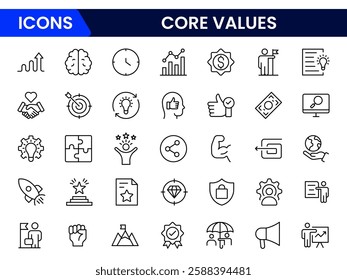 Core Values Line Icons Stock Illustration" refers to a colle Stock Illustration" refers to a collection of minimalist, line-drawn icons representing essential organizational or personal principles.