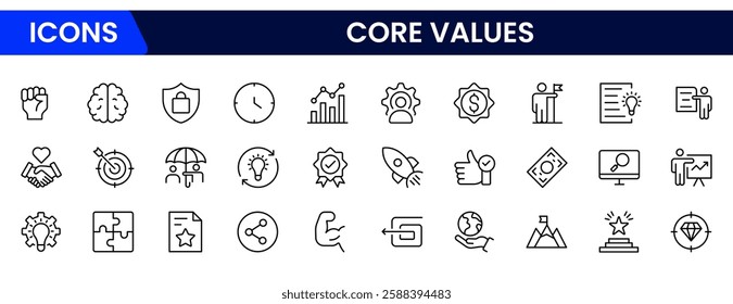 Core Values Line Icons Stock Illustration" refers to a colle Stock Illustration" refers to a collection of minimalist, line-drawn icons representing essential organizational or personal principles.