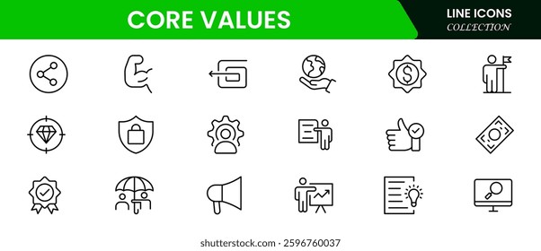 Core Values Line Icons Stock Illustration" refers to a colle Stock Illustration" refers to a collection of minimalist, line-drawn icons representing essential organizational or personal principles.
