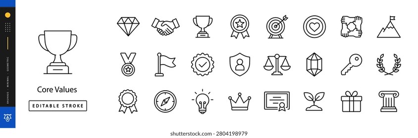 Core Values Lines. Line icon set of values: diamond, handshake, trophy, star badge, target board, heart badge, medal, mission flag, quality seal, trust shield, balance scale, gem, award ribbon editable stroke