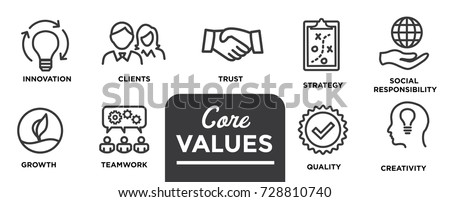 Core Values - Mission, integrity value icon set with vision, honesty, passion, and collaboration as the goal / focus Foto stock © 