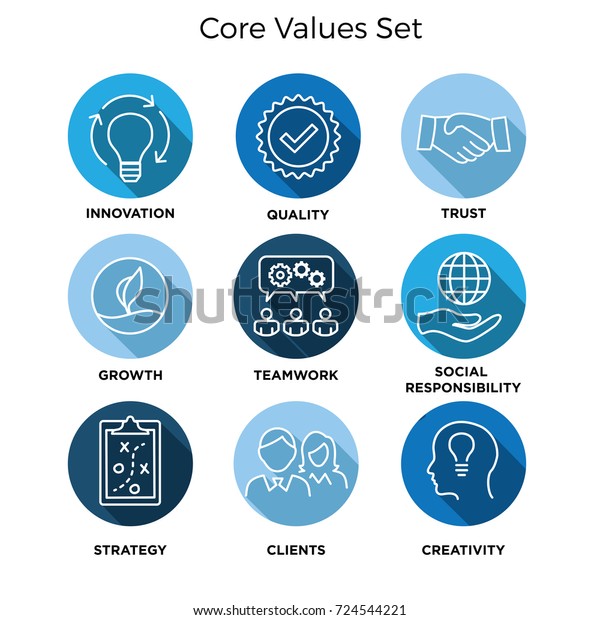 コア バリュー ビジョン 正直さ 情熱 コラボレーションを目標 フォーカスとしたミッション 完全性の価値アイコンセット のベクター画像素材 ロイヤリティフリー