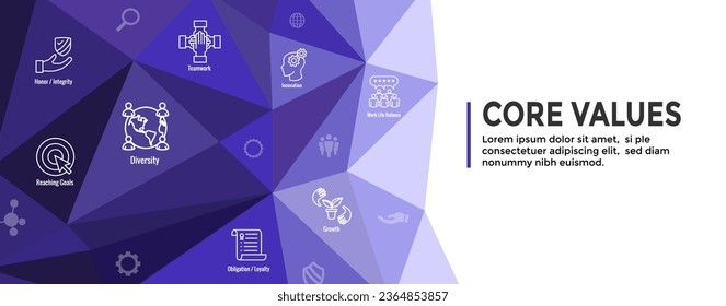Valores centrales o Icono de misión y visión conjunto con banner de encabezado web