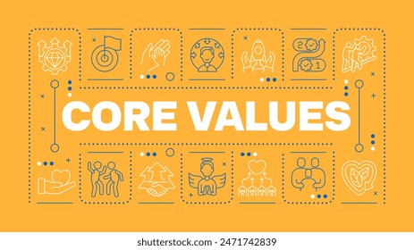 Concepto de palabra naranja de valores principales. Principios de la empresa. Responsabilidad social. Ética empresarial. Imagen Horizontal del Vector. Texto de título rodeado de iconos de esquema editables