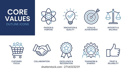 Conjunto de iconos de esquema de valores básicos, símbolos de ética empresarial, Vector de principios corporativos, gráficos azules mínimos, conceptos de liderazgo y trabajo en equipo