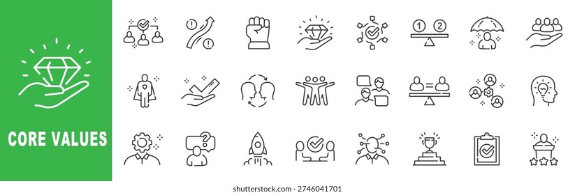 Core values outline icon set featuring integrity, leadership, teamwork, empowerment, excellence, editable stroke vector design for corporate culture.
