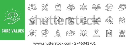Core values outline icon set featuring integrity, leadership, teamwork, empowerment, excellence, editable stroke vector design for corporate culture.
