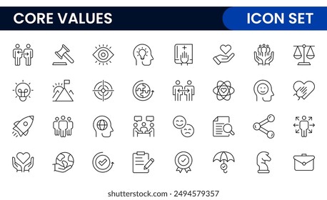 Conjunto de iconos de esquema de valores principales. Núcleo, valores, negocio, liderazgo, metas, objetivo, cliente, calidad, éxito, responsabilidad y calidad.