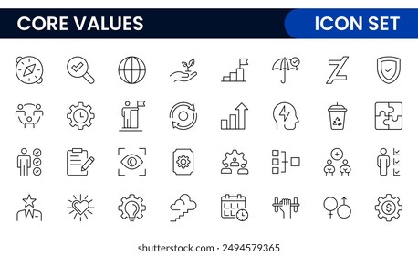 Conjunto de iconos de esquema de valores principales. Núcleo, valores, negocio, liderazgo, metas, objetivo, cliente, calidad, éxito, responsabilidad y calidad.