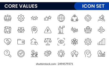 Conjunto de iconos de esquema de valores principales. Núcleo, valores, negocio, liderazgo, metas, objetivo, cliente, calidad, éxito, responsabilidad y calidad.