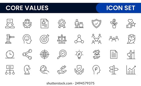 Conjunto de iconos de esquema de valores principales. Núcleo, valores, negocio, liderazgo, metas, objetivo, cliente, calidad, éxito, responsabilidad y calidad.