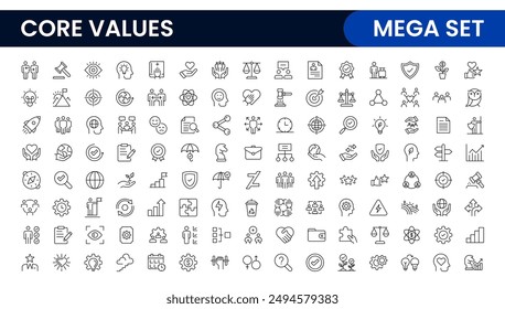 Conjunto de iconos de esquema de valores principales. Núcleo, valores, negocio, liderazgo, metas, objetivo, cliente, calidad, éxito, responsabilidad y calidad.