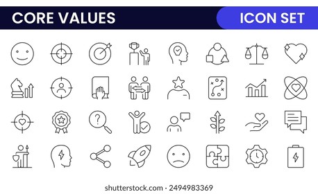 Core Values outline icons set. Core, values, business, leadership, goals, target, client, quality, success, responsibility and quality.
