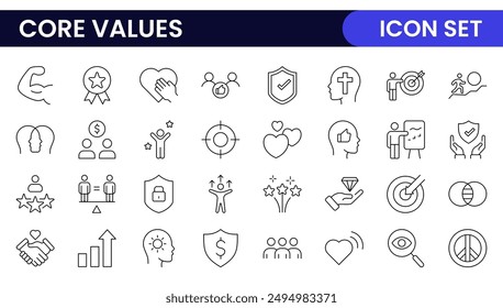 Conjunto de iconos de esquema de valores principales. Núcleo, valores, negocio, liderazgo, metas, objetivo, cliente, calidad, éxito, responsabilidad y calidad.