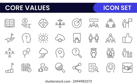 Conjunto de iconos de esquema de valores principales. Núcleo, valores, negocio, liderazgo, metas, objetivo, cliente, calidad, éxito, responsabilidad y calidad.