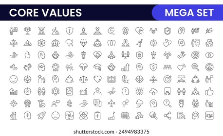 Conjunto de iconos de esquema de valores principales. Núcleo, valores, negocio, liderazgo, metas, objetivo, cliente, calidad, éxito, responsabilidad y calidad.