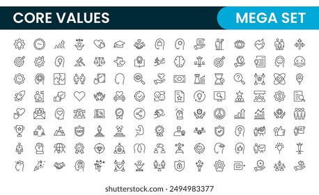 Core Values outline icons set. Core, values, business, leadership, goals, target, client, quality, success, responsibility and quality.