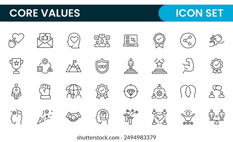 Conjunto de iconos de esquema de valores principales. Núcleo, valores, negocio, liderazgo, metas, objetivo, cliente, calidad, éxito, responsabilidad y calidad.