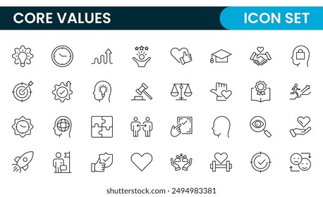 Conjunto de iconos de esquema de valores principales. Núcleo, valores, negocio, liderazgo, metas, objetivo, cliente, calidad, éxito, responsabilidad y calidad.