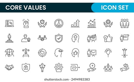 Conjunto de iconos de esquema de valores principales. Núcleo, valores, negocio, liderazgo, metas, objetivo, cliente, calidad, éxito, responsabilidad y calidad.