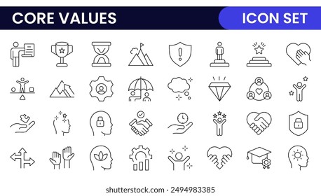 Conjunto de iconos de esquema de valores principales. Núcleo, valores, negocio, liderazgo, metas, objetivo, cliente, calidad, éxito, responsabilidad y calidad.