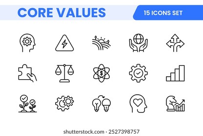 Conjunto de iconos de esquema de valores principales. Núcleo, valores, negocio, liderazgo, objetivos, target, cliente, calidad, éxito, responsabilidad y calidad.