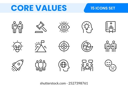 Conjunto de iconos de esquema de valores principales. Núcleo, valores, negocio, liderazgo, objetivos, target, cliente, calidad, éxito, responsabilidad y calidad.