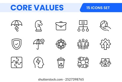 Conjunto de iconos de esquema de valores principales. Núcleo, valores, negocio, liderazgo, objetivos, target, cliente, calidad, éxito, responsabilidad y calidad.