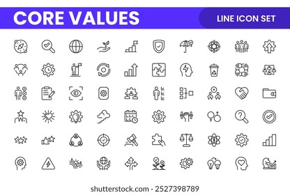 Conjunto de iconos de esquema de valores principales. Núcleo, valores, negocio, liderazgo, objetivos, target, cliente, calidad, éxito, responsabilidad y calidad.