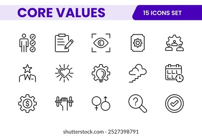 Conjunto de iconos de esquema de valores principales. Núcleo, valores, negocio, liderazgo, objetivos, target, cliente, calidad, éxito, responsabilidad y calidad.