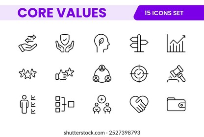 Conjunto de iconos de esquema de valores principales. Núcleo, valores, negocio, liderazgo, objetivos, target, cliente, calidad, éxito, responsabilidad y calidad.