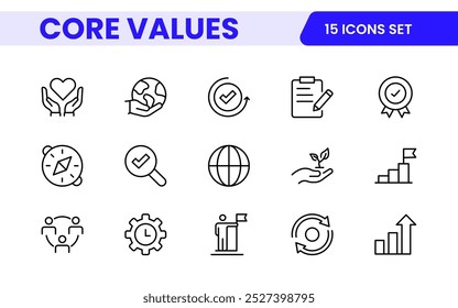 Conjunto de iconos de esquema de valores principales. Núcleo, valores, negocio, liderazgo, objetivos, target, cliente, calidad, éxito, responsabilidad y calidad.