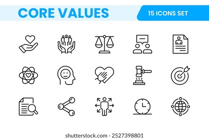 Valores Principais definem ícones de estrutura de tópicos. Núcleo, valores, negócios, liderança, metas, meta, cliente, qualidade, sucesso, responsabilidade e qualidade.