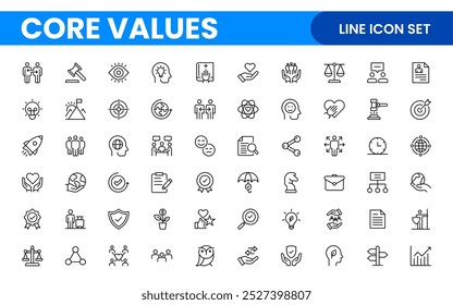 Conjunto de iconos de esquema de valores principales. Núcleo, valores, negocio, liderazgo, objetivos, target, cliente, calidad, éxito, responsabilidad y calidad.