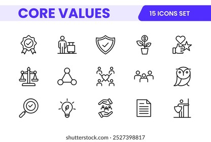 Conjunto de iconos de esquema de valores principales. Núcleo, valores, negocio, liderazgo, objetivos, target, cliente, calidad, éxito, responsabilidad y calidad.