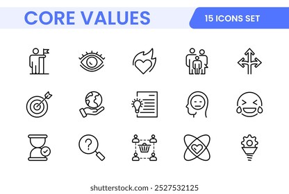 Conjunto de iconos de esquema de valores principales. Núcleo, valores, negocio, liderazgo, objetivos, target, cliente, calidad, éxito, responsabilidad y calidad.