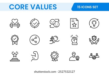 Conjunto de iconos de esquema de valores principales. Núcleo, valores, negocio, liderazgo, objetivos, target, cliente, calidad, éxito, responsabilidad y calidad.