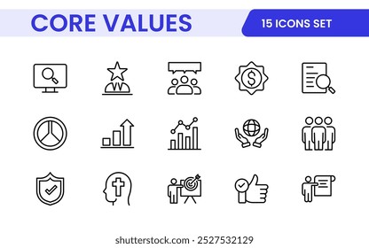 Conjunto de iconos de esquema de valores principales. Núcleo, valores, negocio, liderazgo, objetivos, target, cliente, calidad, éxito, responsabilidad y calidad.