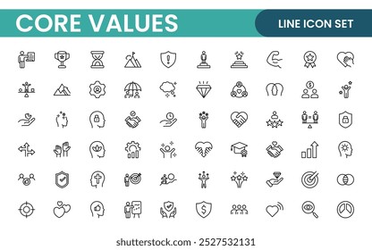 Conjunto de iconos de esquema de valores principales. Núcleo, valores, negocio, liderazgo, objetivos, target, cliente, calidad, éxito, responsabilidad y calidad.