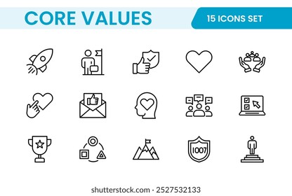 Conjunto de iconos de esquema de valores principales. Núcleo, valores, negocio, liderazgo, objetivos, target, cliente, calidad, éxito, responsabilidad y calidad.