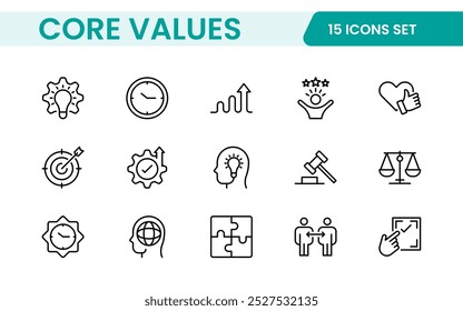 Conjunto de iconos de esquema de valores principales. Núcleo, valores, negocio, liderazgo, objetivos, target, cliente, calidad, éxito, responsabilidad y calidad.