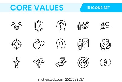 Conjunto de iconos de esquema de valores principales. Núcleo, valores, negocio, liderazgo, objetivos, target, cliente, calidad, éxito, responsabilidad y calidad.